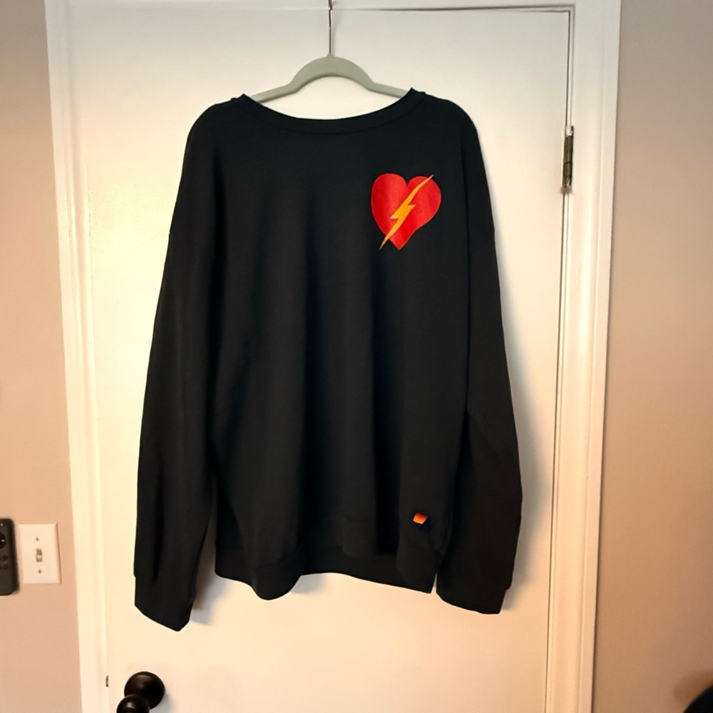 Aviator Nation Black Crewneck with Red Heart and Yellow Bolt